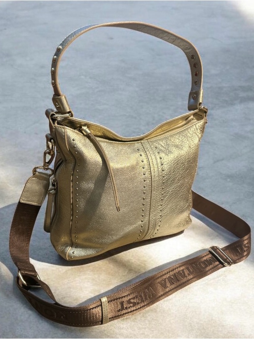 Montana West Metallic Gold Studded Shoulder Bag Hobo Handbag